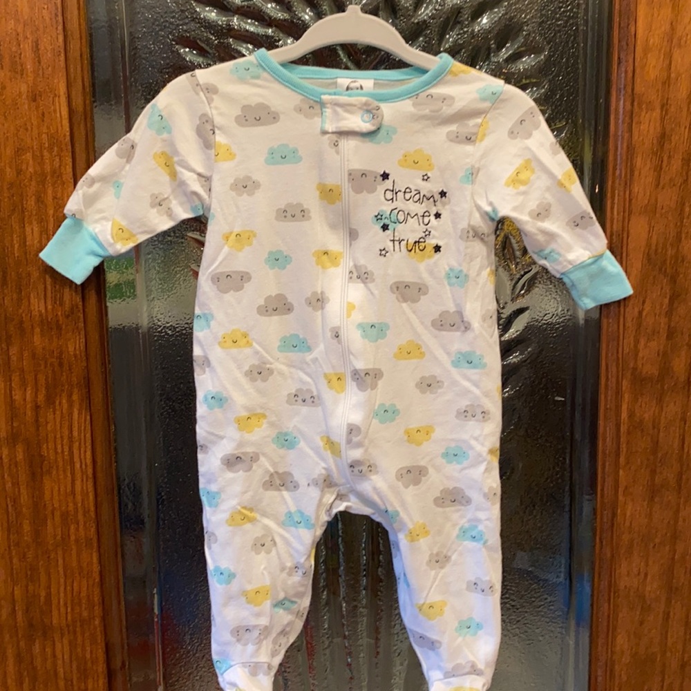 Gerber onesie, 0-3 months, white with blue, grey & yellow